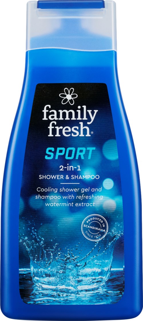 Sininen Family Fresh Sport -kylpy- ja shampoopullo vedenpinnan ja vesimelonin tuoksulla.
