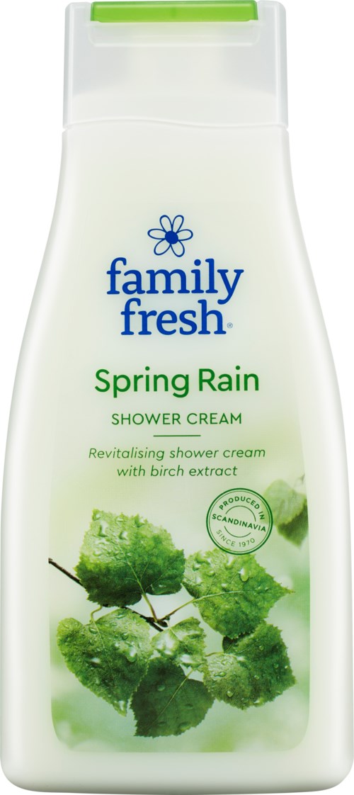 Valkoinen Family Fresh Spring Rain suihkavoide, vihreällä kannella, sisältää lehtiä ja paikallaan koivun uutteita.