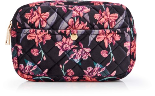 A rectangular bag with a floral pattern of pink and purple flowers on a black background.