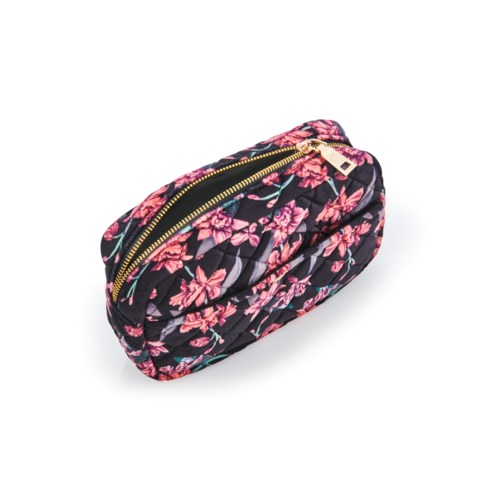 A floral patterned bag with a gold zipper. It is small and has pink and purple flowers on a dark background.