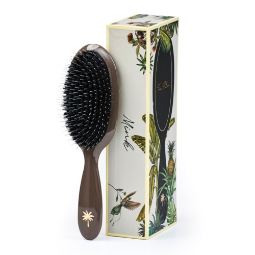 A dark brown hairbrush with black bristles stands next to a tall, decorated box with tropical plants on it.
