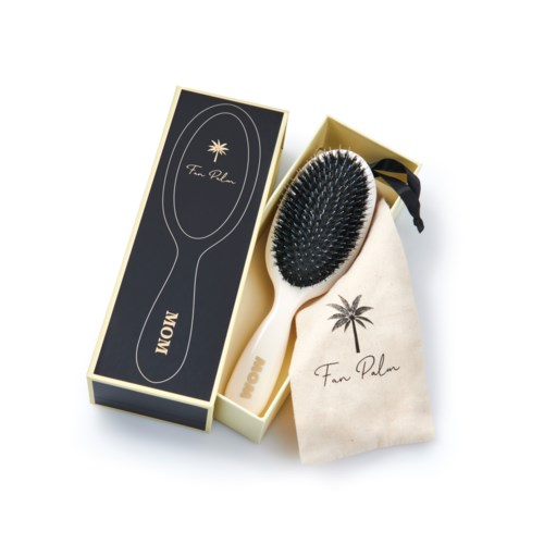 A hairbrush with a black handle, a palm tree logo, and a gift bag, all have the brand name 'Fan Palms'.
