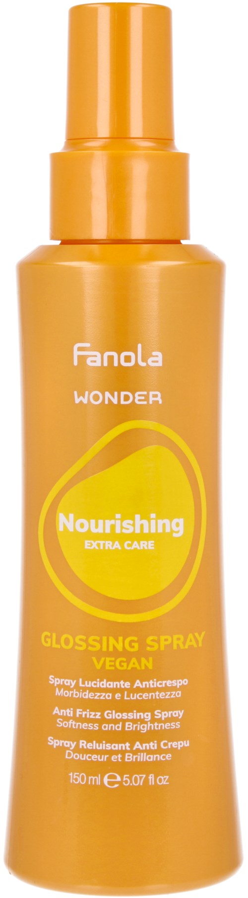 Eine gelbe Flasche Nourishing Glossing Spray, vegan, 150 ml.