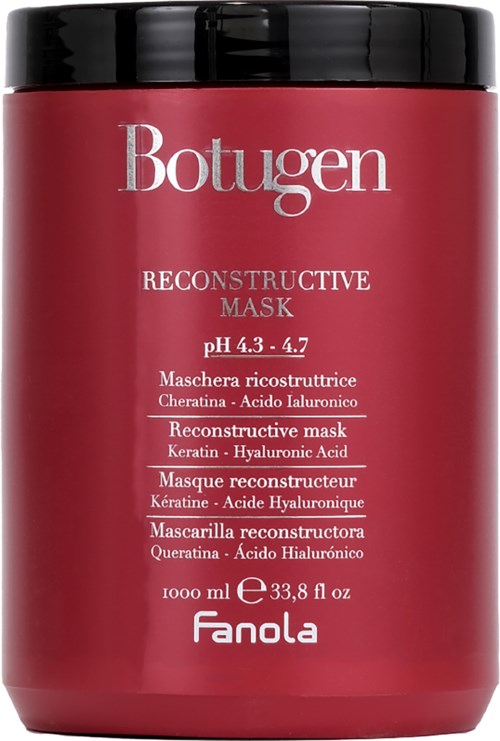 En rød beholder av Botugen reconstructive mask med svart lokk, inneholder hyaluronsyre og keratin for hudreparasjon.