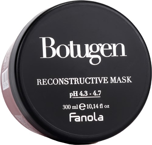 En rund beholder merket "Botugen" med tekst om en reconstructive maske, pH-verdi og merket Fanola.