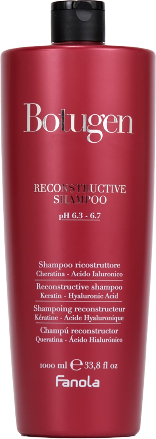 Punainen Bolugen-shampoon pullo, jossa musta korkki, merkki 'Reconstructive Shampoo' ja pH 6.3-6.7.