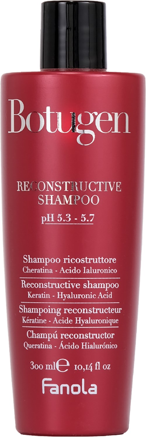 Punainen shampoopullo mustalla korkilla, merkiltä Botugen Reconstructive Shampoo, pH 5.3-5.7, hiusten korjaamiseen.