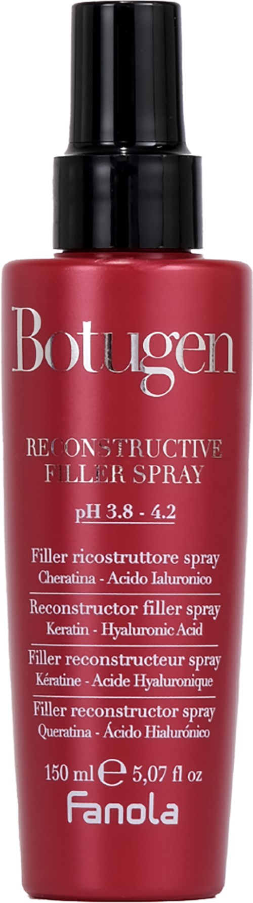 Röd flaska med pump, märkt Botugen Reconstructive Filler Spray, för hud eller hår. Innehåller instruktioner och ingredienser.