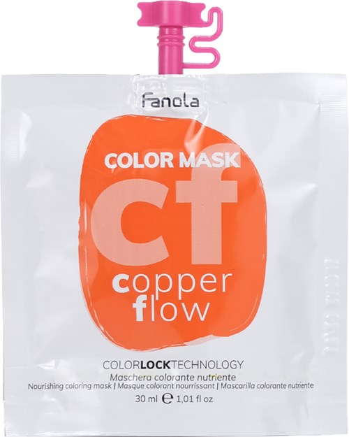 En liten vit påse med orange och rosa design, med orden 'Color Mask Copper Flow' och en rosa slang upptill.