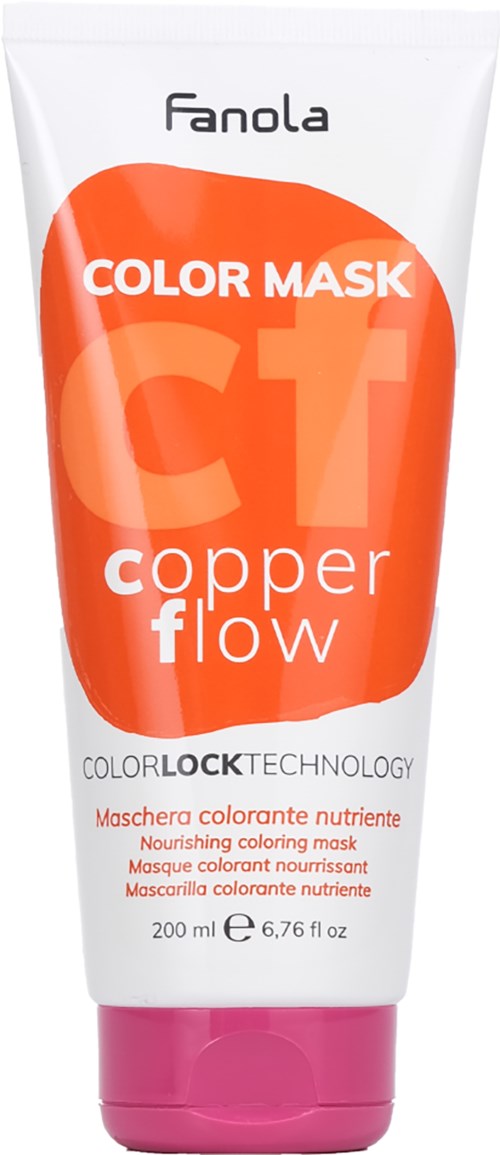 Välipakkaus ravitsevalle väriaineelle nimeltä Copper Flow, jossa on punainen-oranssi etiketti ja pinkki korkki.
