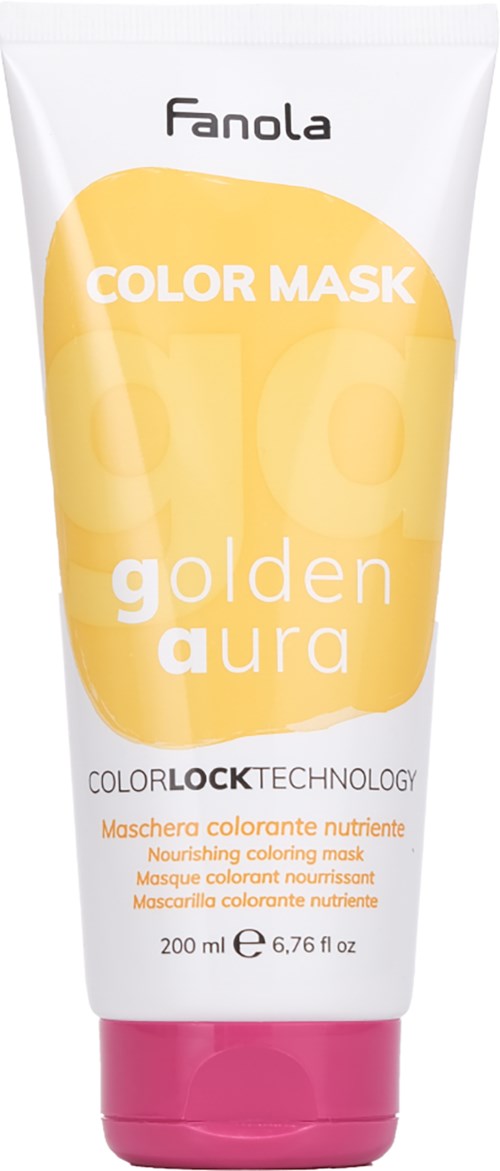 Putki Fanola Golden Aura -värimaskista, joka tarjoaa ravitsevaa ja värjäytymistä hiuksille, 200 ml.