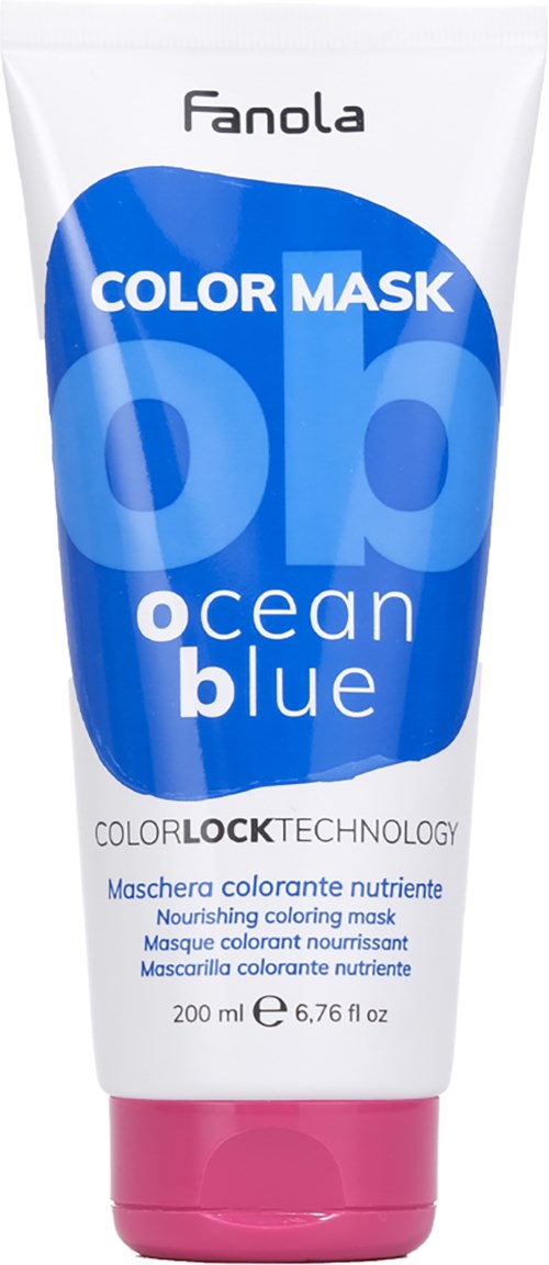 Fanola Ocean Blue värihoitoainetölkki, sininen ja valkoinen etiketti, pinkki korkki ja 200 ml koko.