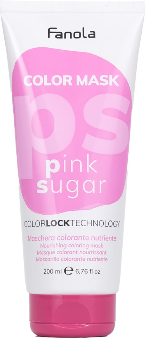 Valkoinen kasvonaamioputki, jossa on pinkkejä yksityiskohtia, merkinnät 'Fanola' ja 'Pink Sugar,' edistäen ravitsevaa värikosketusta.