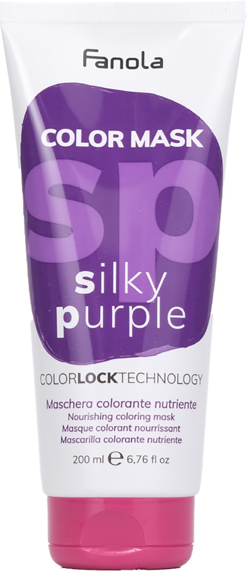 Fanola Silky Purple -hiusvärihoito, valkoinen tausta ja violetti ja pinkki väri, 200 ml.