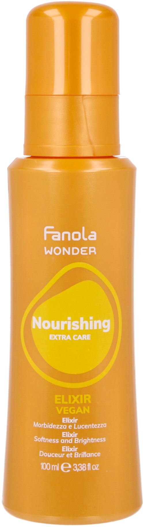 A small orange bottle labeled 'Fanola Wonder Nourishing'. It mentions vegan, extra care, and brightening effects.