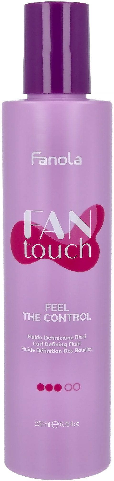 Violetti Fanola Tactouch hiustuote, nimeltä 'Feel the Control', ja violetti korkki.