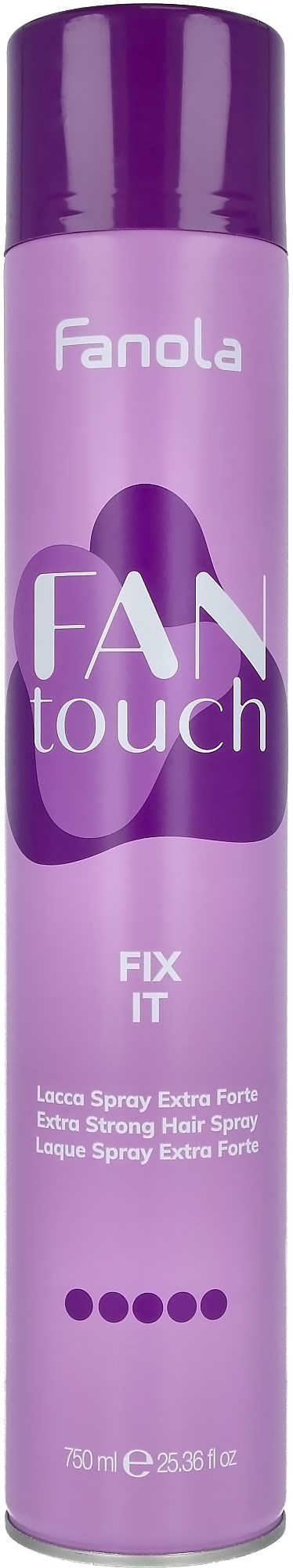 Pitkä violetti pullo tummemmalla violetilla kannella, merkinnällä 'Fanola FAN touch FIX IT' hiusten muotoiluun.