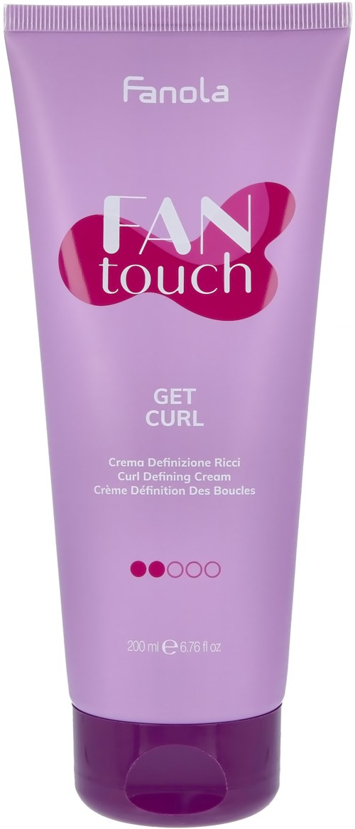 Laventelinvärinen putkki hiusten muotoilukermillä nimeltä Fanola Fan Touch Get Curl, jossa on pinkki ja violetti muotoilu.