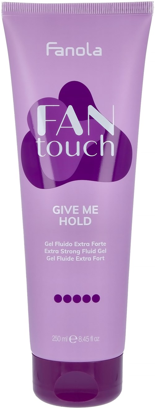En lila tub med gel som heter 'Fan Touch', märkt 'Give Me Hold', innehåller extra starkt flytande gel för styling.