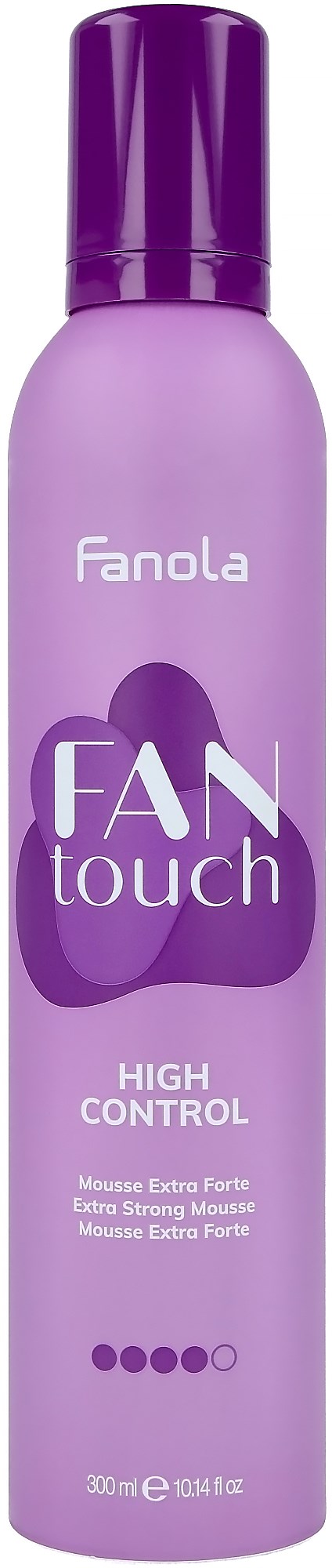 Violetta pullo, jossa tummempi violetti korkki, merkintä 'Fanola' ja 'Fan Touch High Control,' käytetään hiusten muotoiluun.