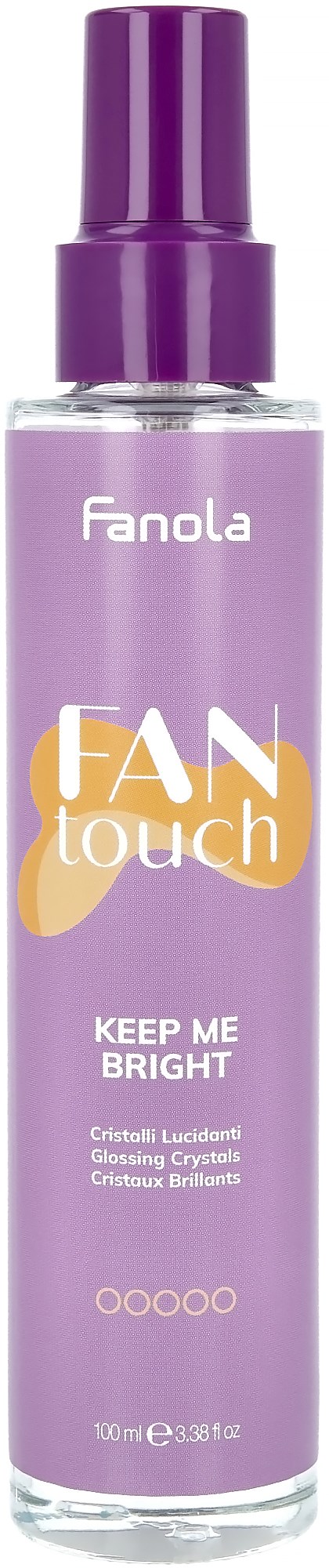 A purple spray bottle labeled 'Fanola' with 'Keep Me Bright' branding, likely a hair or skincare product.