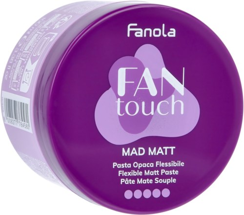 Fanola Fan Touch Mad Matt, purple container, flexible matte paste for hair styling.