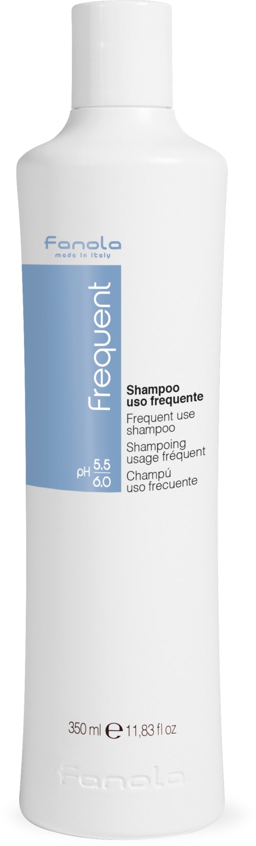 Valkoinen pullo, jossa on sininen ja valkoinen etiketti, sisältää Fanola Usein käytetty shampoo, 350 ml.