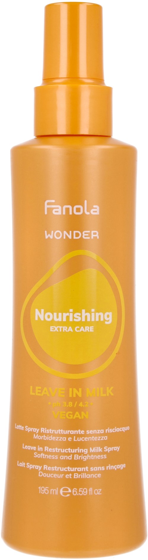 Orange spray bottle labeled 'Fanola Wonder Nourishing Leave-in Milk' for hair care.