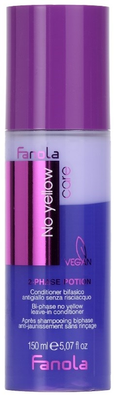 Fanola No Yellow shampoo pyyhke blondeille hiuksille, jossa violetti korkki ja enimmäkseen pinkki ja violetti etiketti.