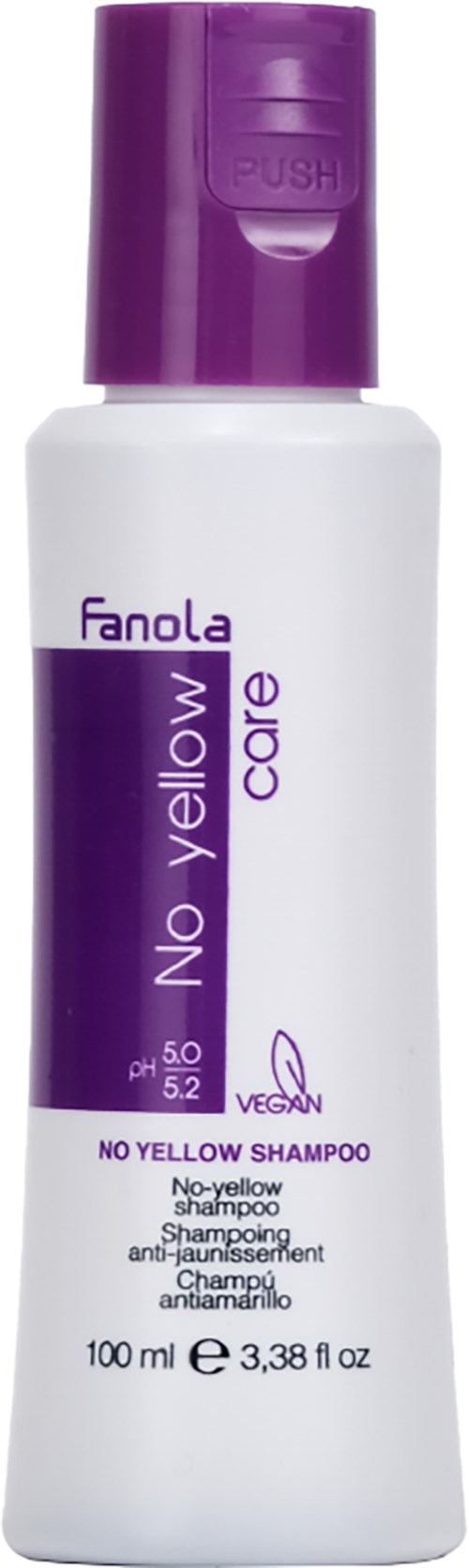 Valkoinen pullo, jossa on violetti korkki ja etiketti, ja siinä lukee Fanola No Yellow Shampoo vaalean hiuksen vastaiseksi.