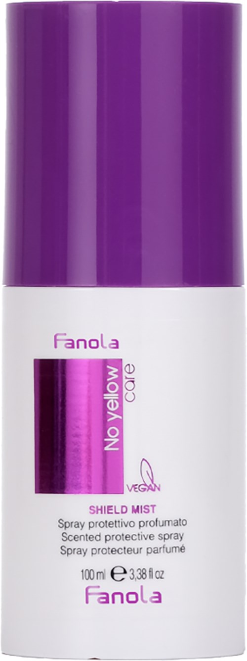 A white spray bottle with a purple cap and label, labeled as Fanola No Yellow Shield Mist for hair.