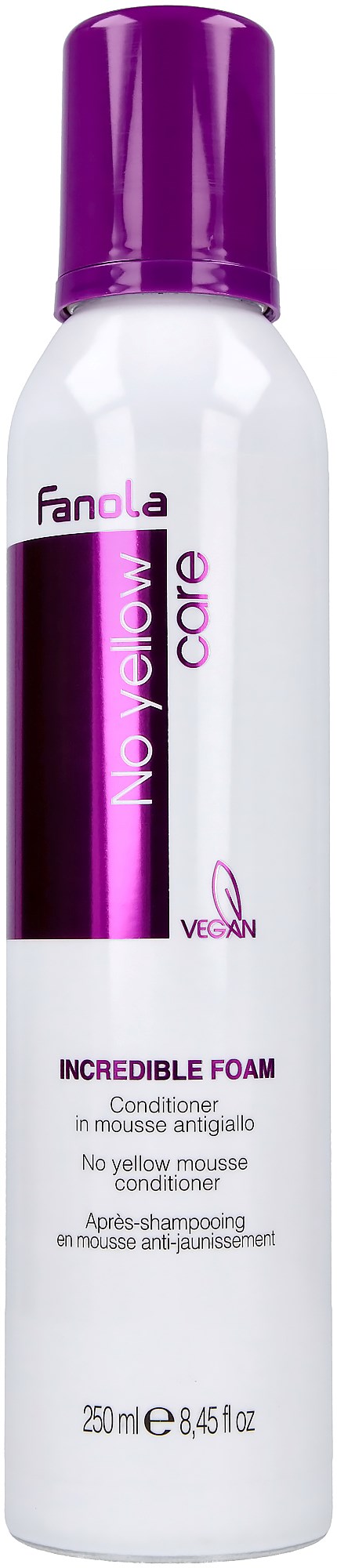 En hvit flaske med lilla lokk, merket som vegansk hårbalsam skum. Merket er Fanola.