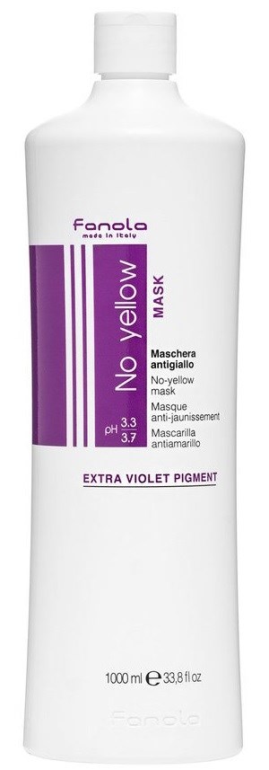Valkoinen Fanola No Yellow -pakkauksen pullo, 1000 ml, sisältää keltaisuutta ehkäisevän pigmentin.