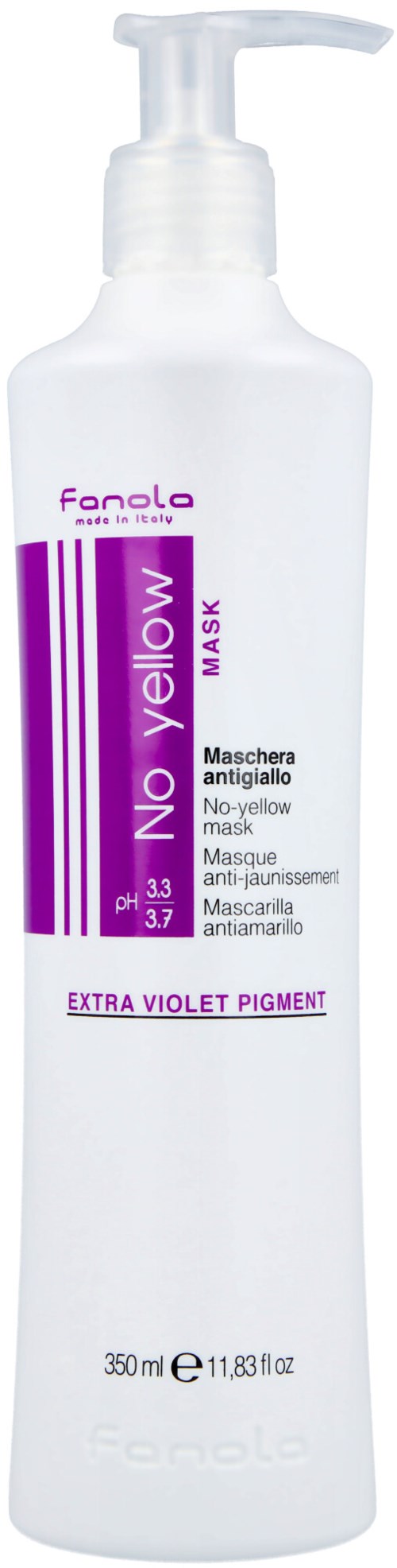 Valkoinen pullo, jossa on violetti ja pinkki teksti, merkitty no-yellow naamioksi violetilla pigmentillä, 350 ml.