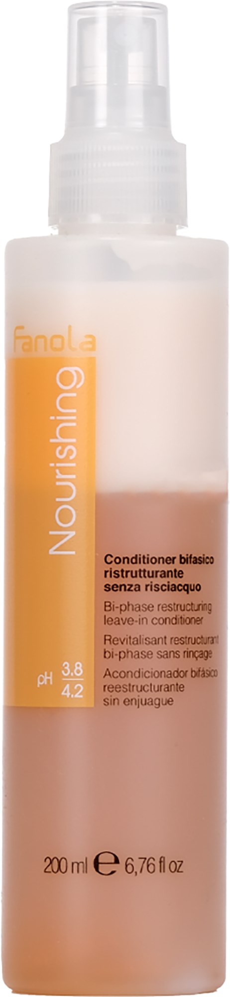 Det er en lang, sylindrisk flaske med pumpe, inneholder en hårbalsam merket 'Nourishing'.