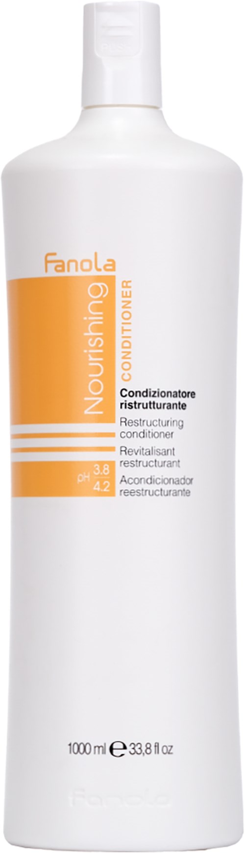 Valkoinen pullo, jossa on oranssi ja musta teksti, merkitty Fanola Nourishing Restructuring Conditioner, 1000 ml.