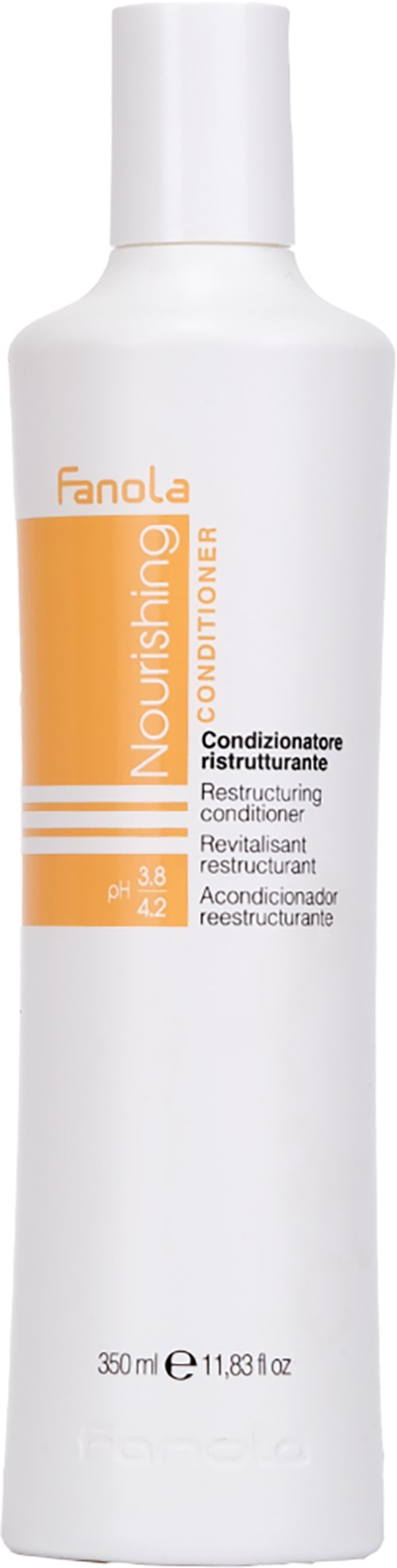 Valkoinen pullo Fanola Nourishing Conditioner, jossa on oranssi ja valkoinen etiketti.