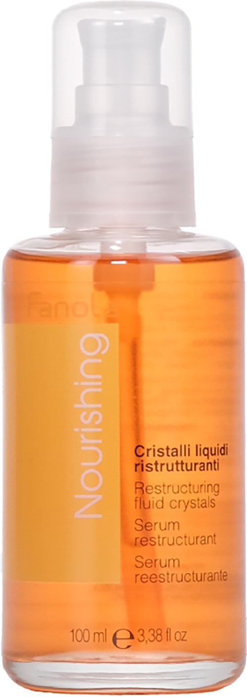A small orange bottle with a clear cap, labeled 'Nourishing' and 'Restructuring liquid crystal serum,' 100 ml.