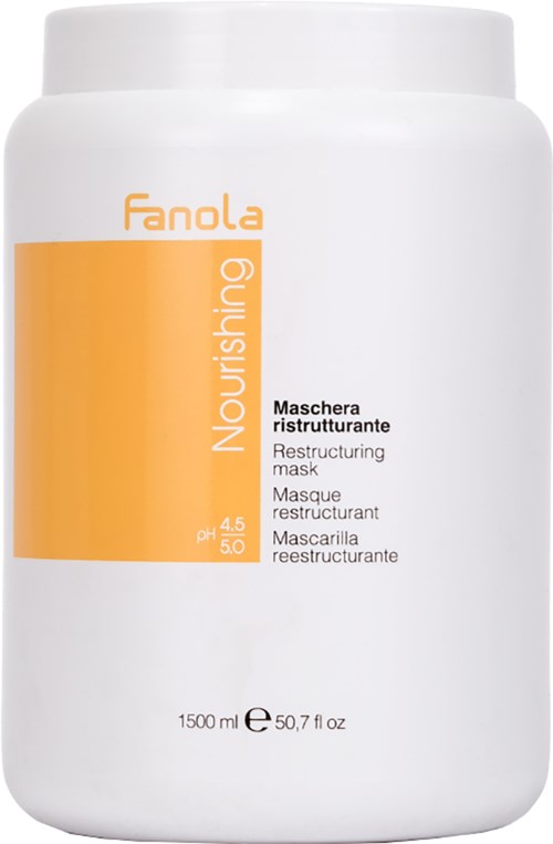A large white jar of Fanola nourishing restructuring mask with a yellow and white label.
