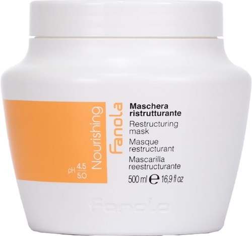 A white jar with orange label, containing a restructuring or nourishing hair mask by Fanola, 500 ml volume.