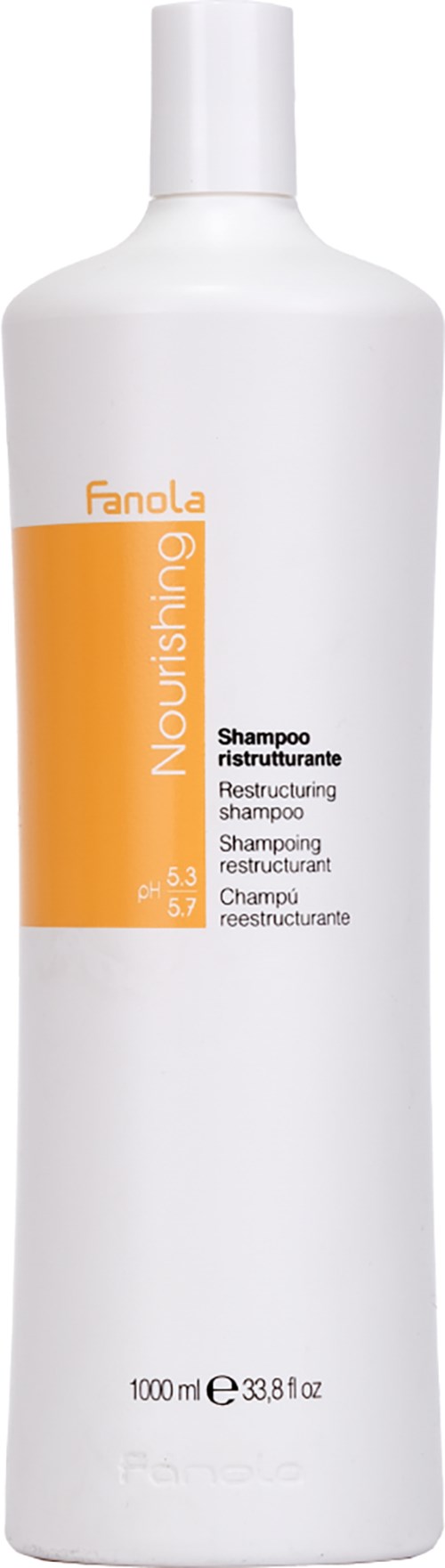 Valkoinen shampoopullo ja oranssi etiketti, jossa lukee 'Fanola Nourishing' ja tuotetiedot.