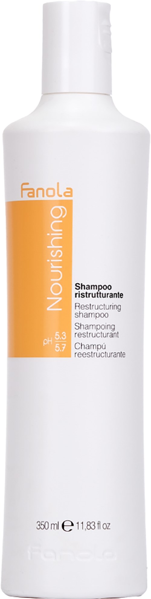 Valkoinen pullo, jossa oranssi etiketti, lukee Fanola Nourishing Restructuring Shampoo, 350 ml.