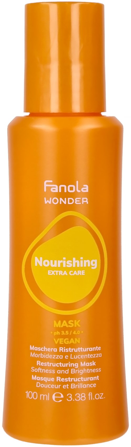 Orange bottle of Nourishing Extra Care Mask with Fanola Wonder label, 100 ml, vegan.
