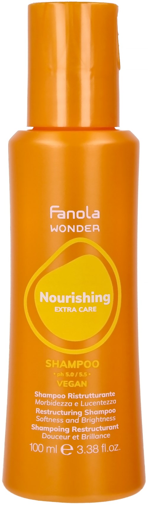 Oranssibad, joka sisältää ravitsevaa shampoota nimeltä 'Fanola WONDER Nourishing Extra Care', 100 ml.