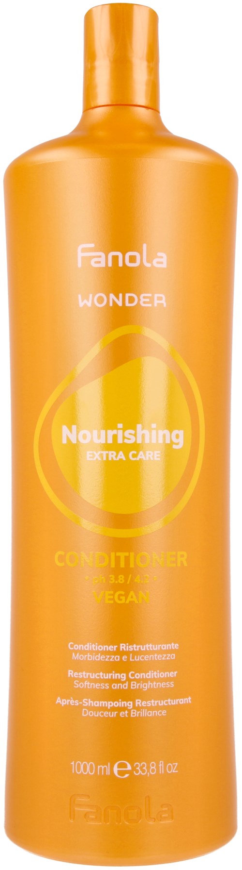 Oransje flaske med hvit tekst for Fanola Wonder Nourishing sjampo, 1000 ml, ekstra pleie for håret.