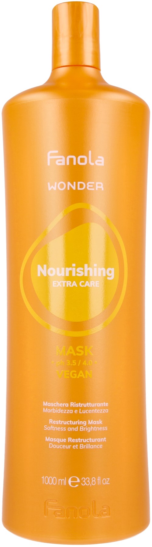 Orange skjellingshampo flaske med hvit tekst og gule sirkler, merket "Fanola Wonder Nourishing Extra Care."