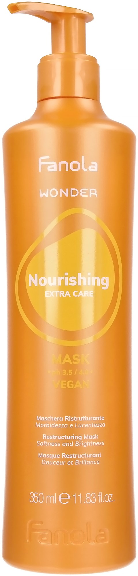 Oransje flaske med Fanola Wonder Nourishing sjampo med pumpe, 350 ml. Med ekstra omsorg for hårets helse.