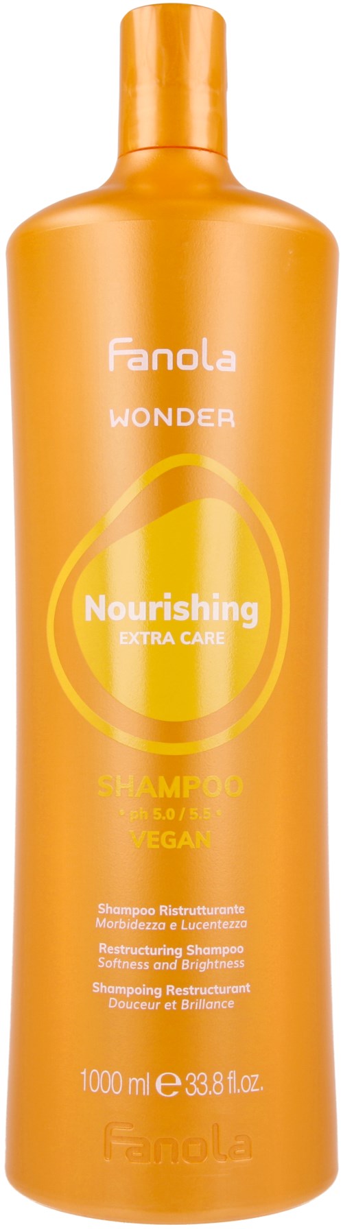 Oranssi shampoopullo, jossa on valkoista ja keltaista tekstiä ravitsevasta hiustenhoidosta.