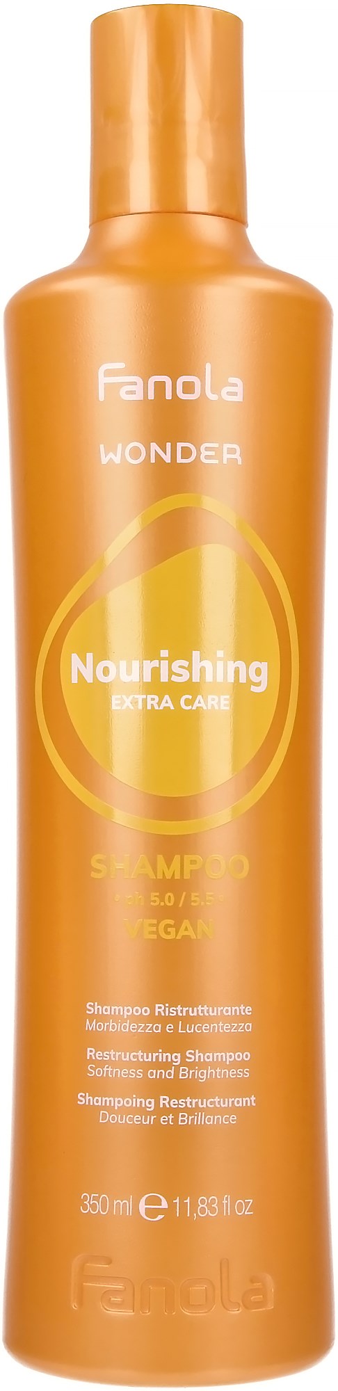 Oranssi pullo ravitsevaa shampoota Fanola Wonder Nourishing Extra Care -leimalla.
