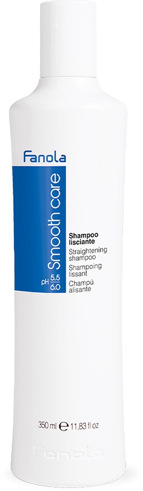 Valkoinen pullo sinisellä etikettillä. Teksti sanoo Fanola, Smooth Care, shampoo, pH 5.5, 350 ml.